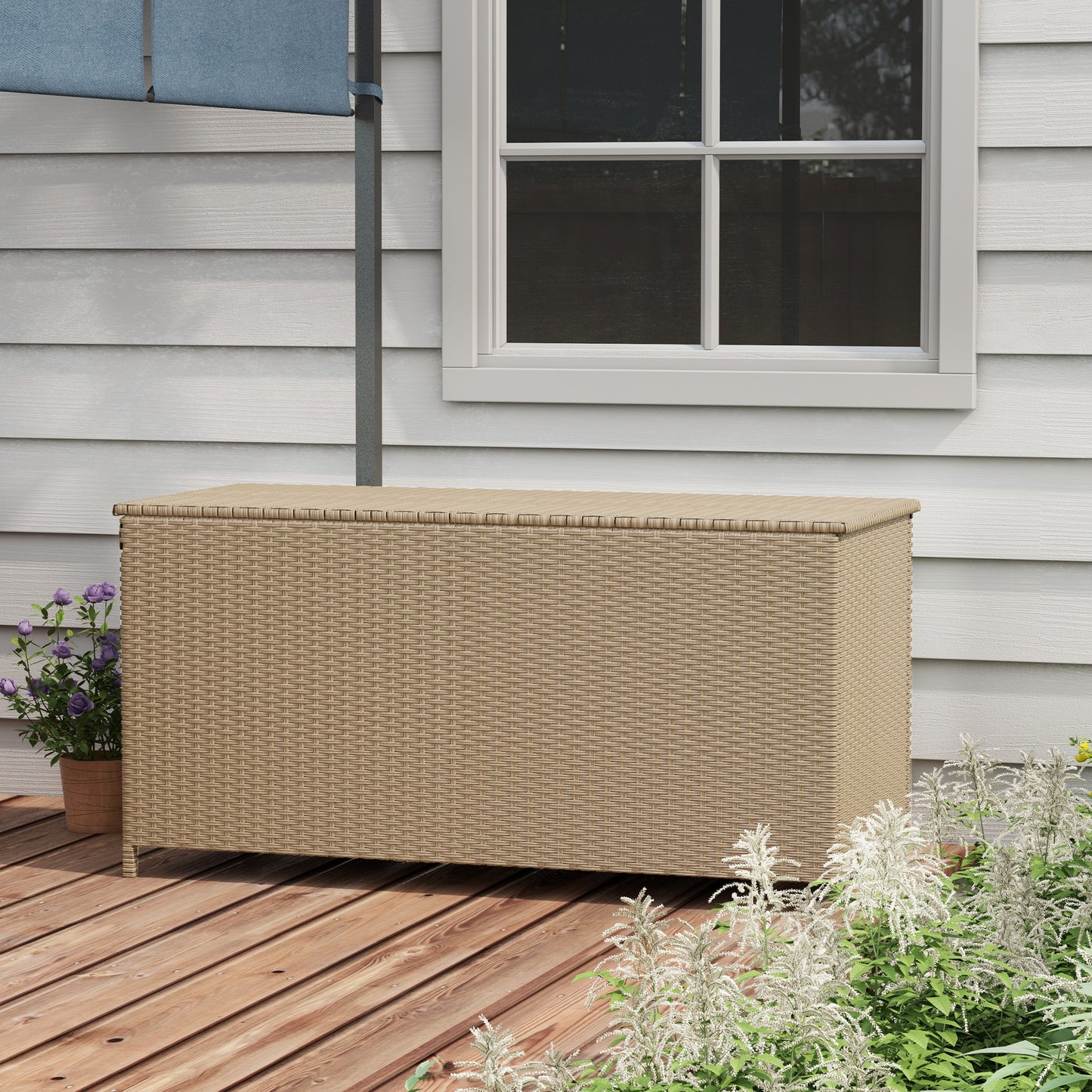 Coolbibila 83 Gallon Deck Box, Large Outdoor Storage Chest, PE Wicker Trunk