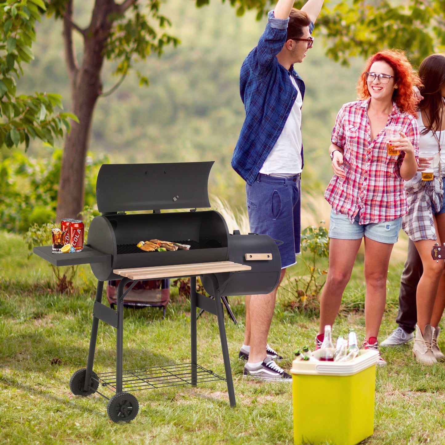 Coolbibila 48" Steel Portable Backyard Charcoal BBQ Grill and Offset Smoker Combo with Wheels