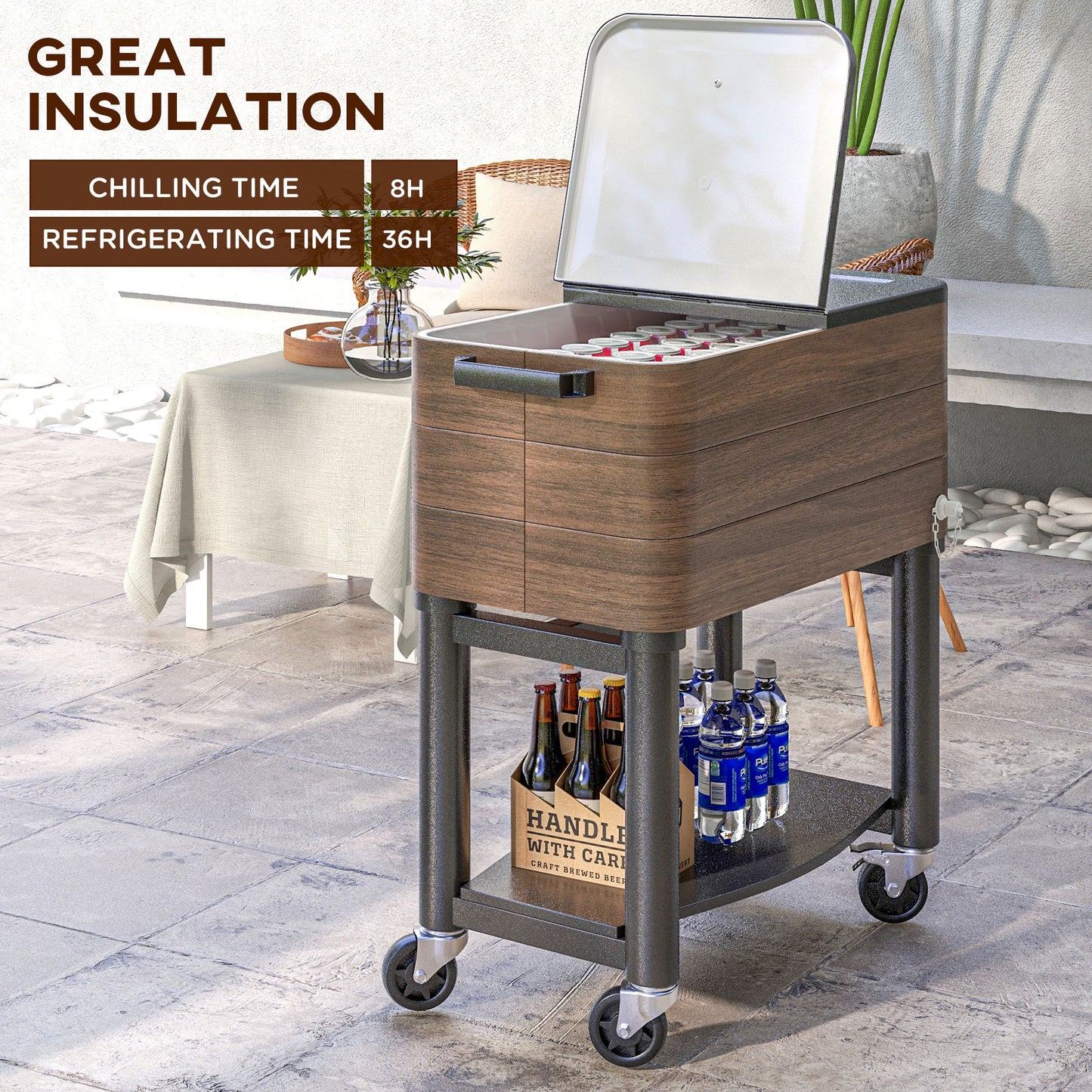 Coolbibila 60 Quart Capacity Outdoor Cooler Cart, Rolling Beverage Ice Chest, with Locking Wheels