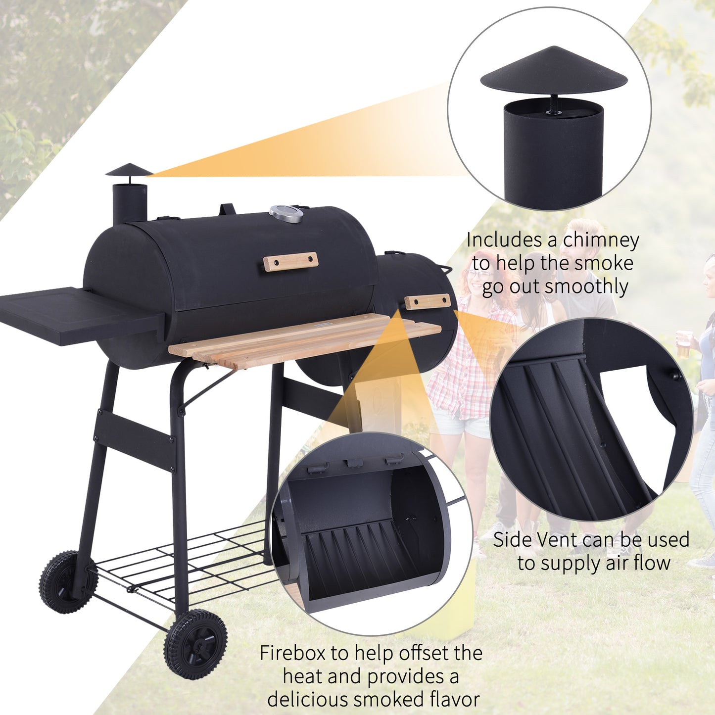 Coolbibila 48" Steel Portable Backyard Charcoal BBQ Grill and Offset Smoker Combo with Wheels