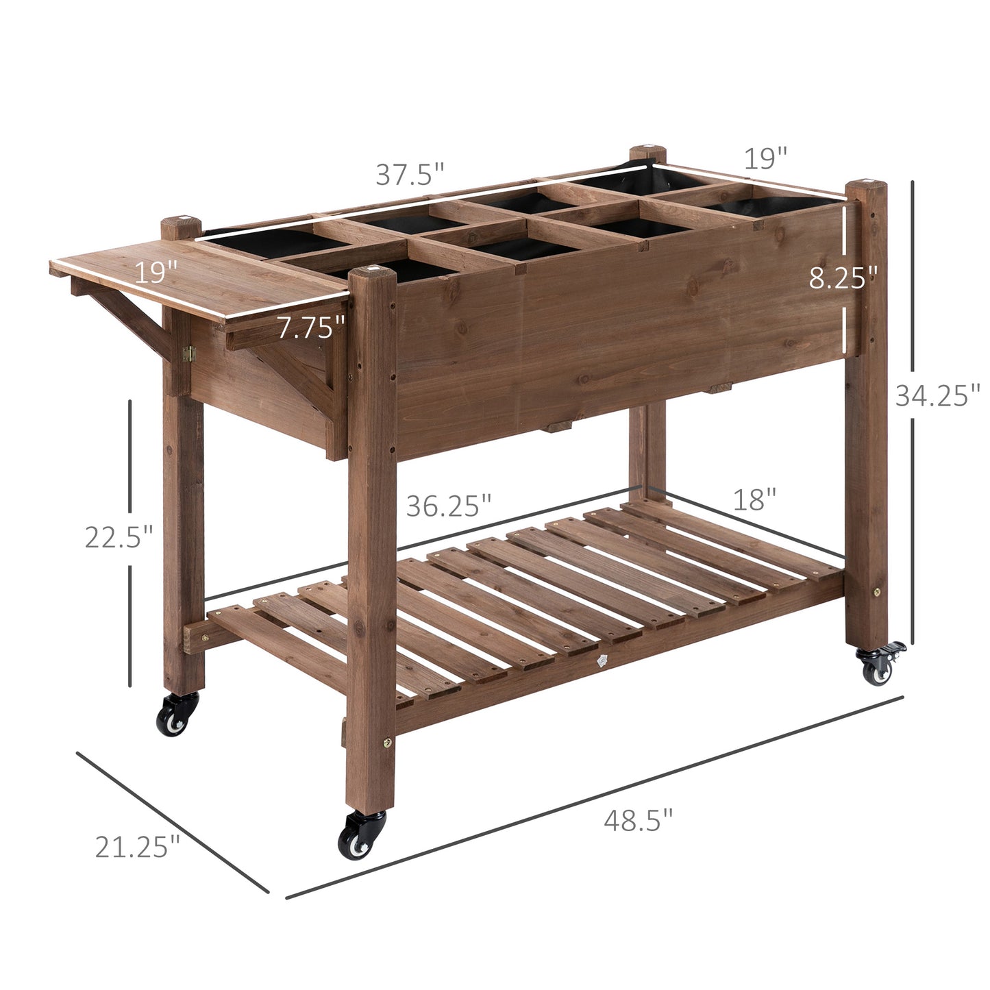 Coolbibila Wooden Outdoor Plant Box Stand with Folding Side Table and Wheels