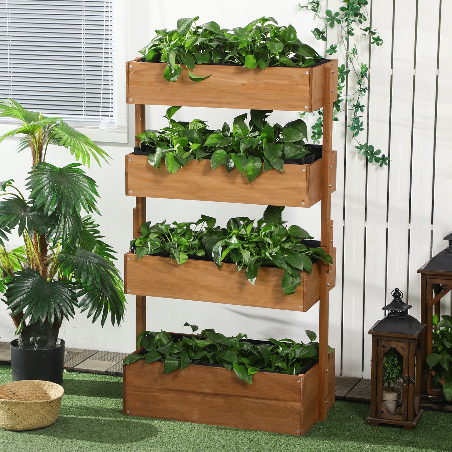 Wooden 4 Tier Planter Box, Self-Draining with Non-Woven Fabric