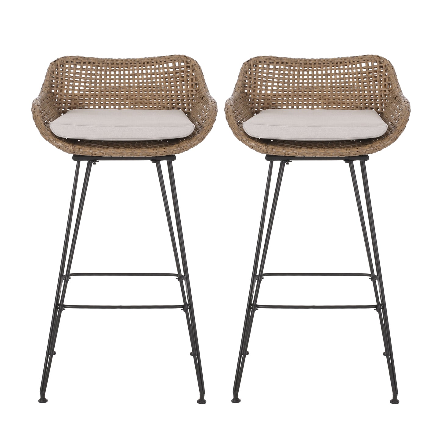 Outdoor 29.25'' Wicker and Iron Barstool with Cushion (Set of 2)