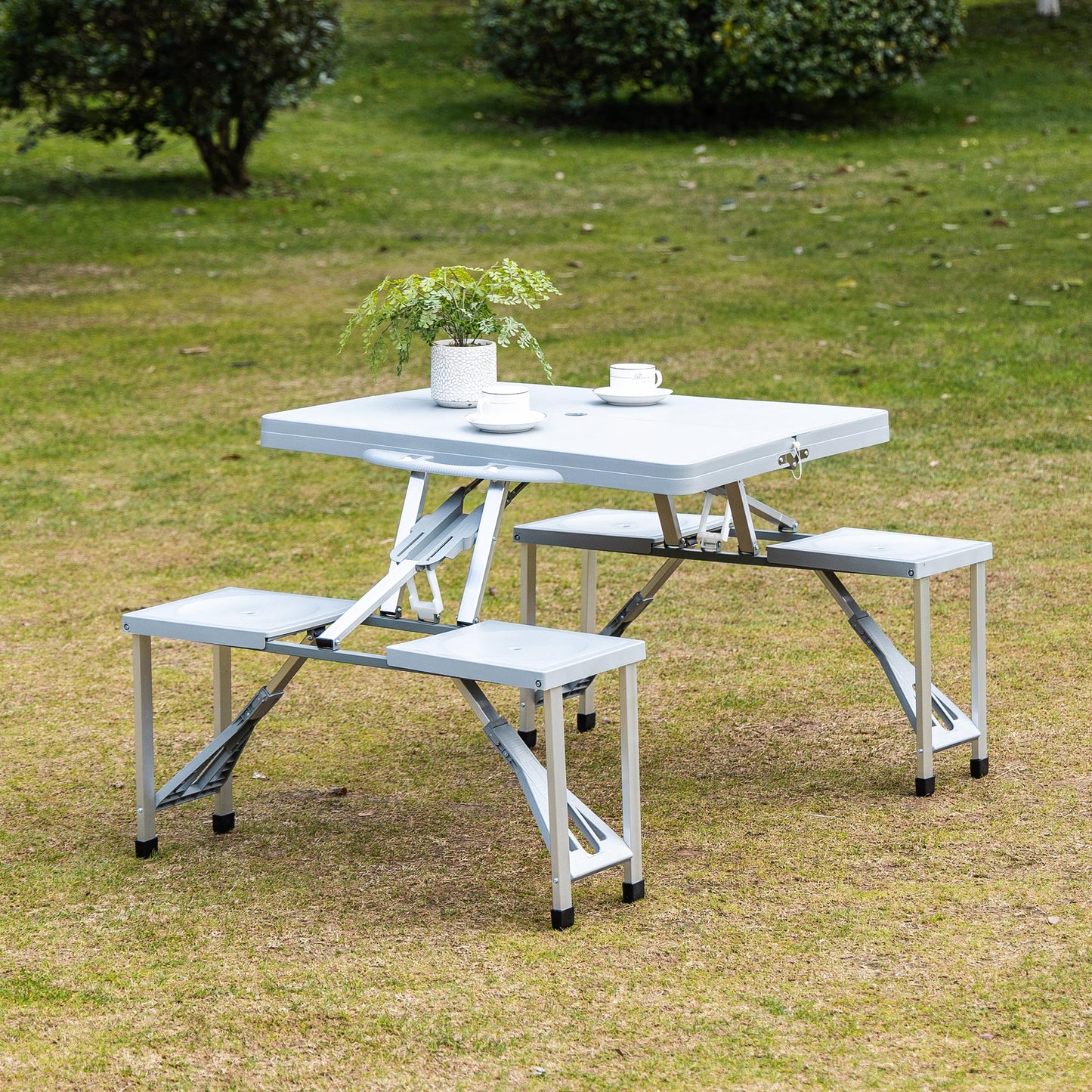 Coolbibila Folding Picnic Table with Seats and Umbrella Hole, Portable Camping Chairs Set