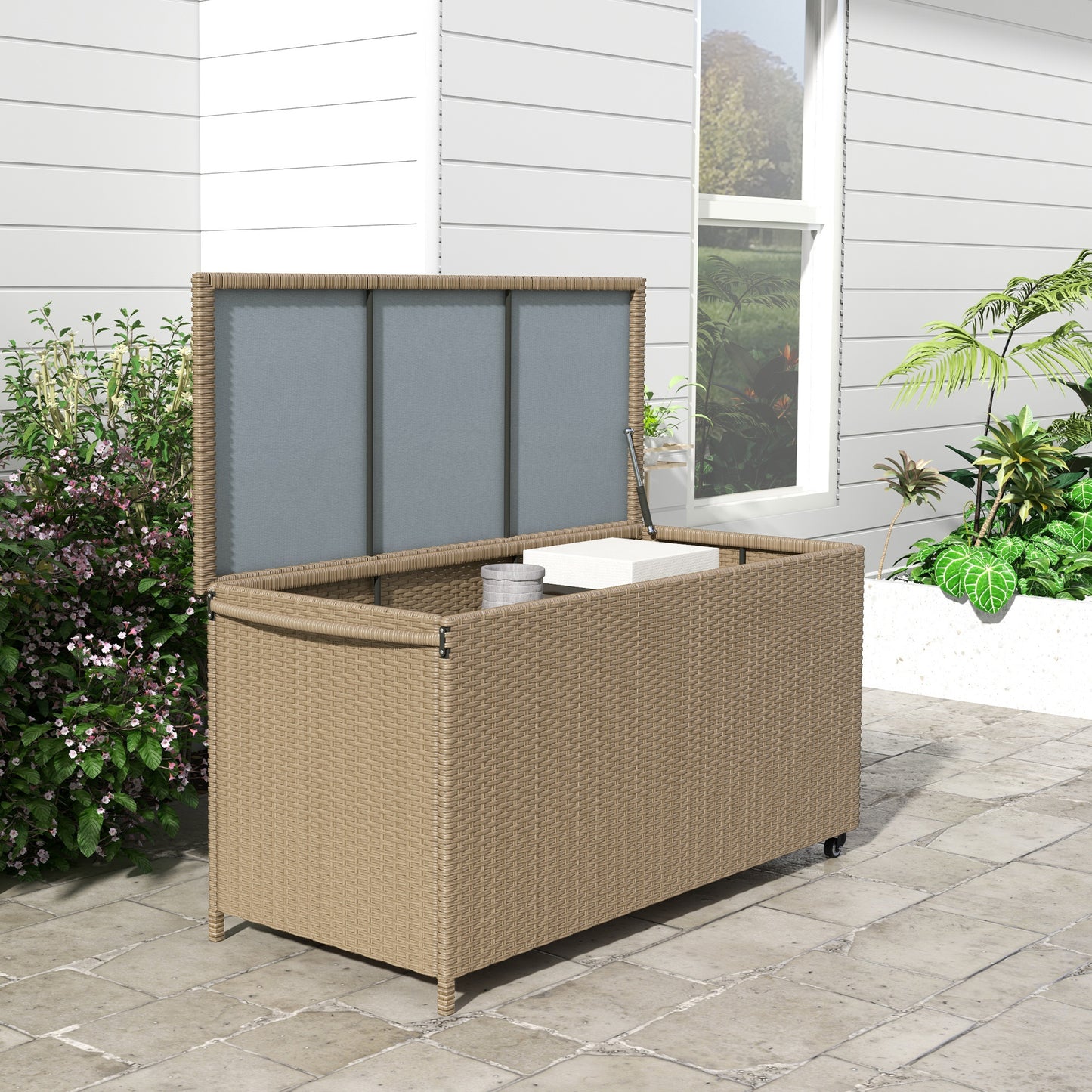 Coolbibila 83 Gallon Deck Box, Large Outdoor Storage Chest, PE Wicker Trunk