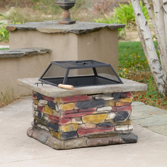 Coolbibila 28" Concrete Wood Burning Outdoor Fire Pit Table with Lid