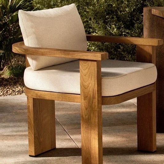 Natural Comfort: Wooden Outdoor Chair with Beige Cushion