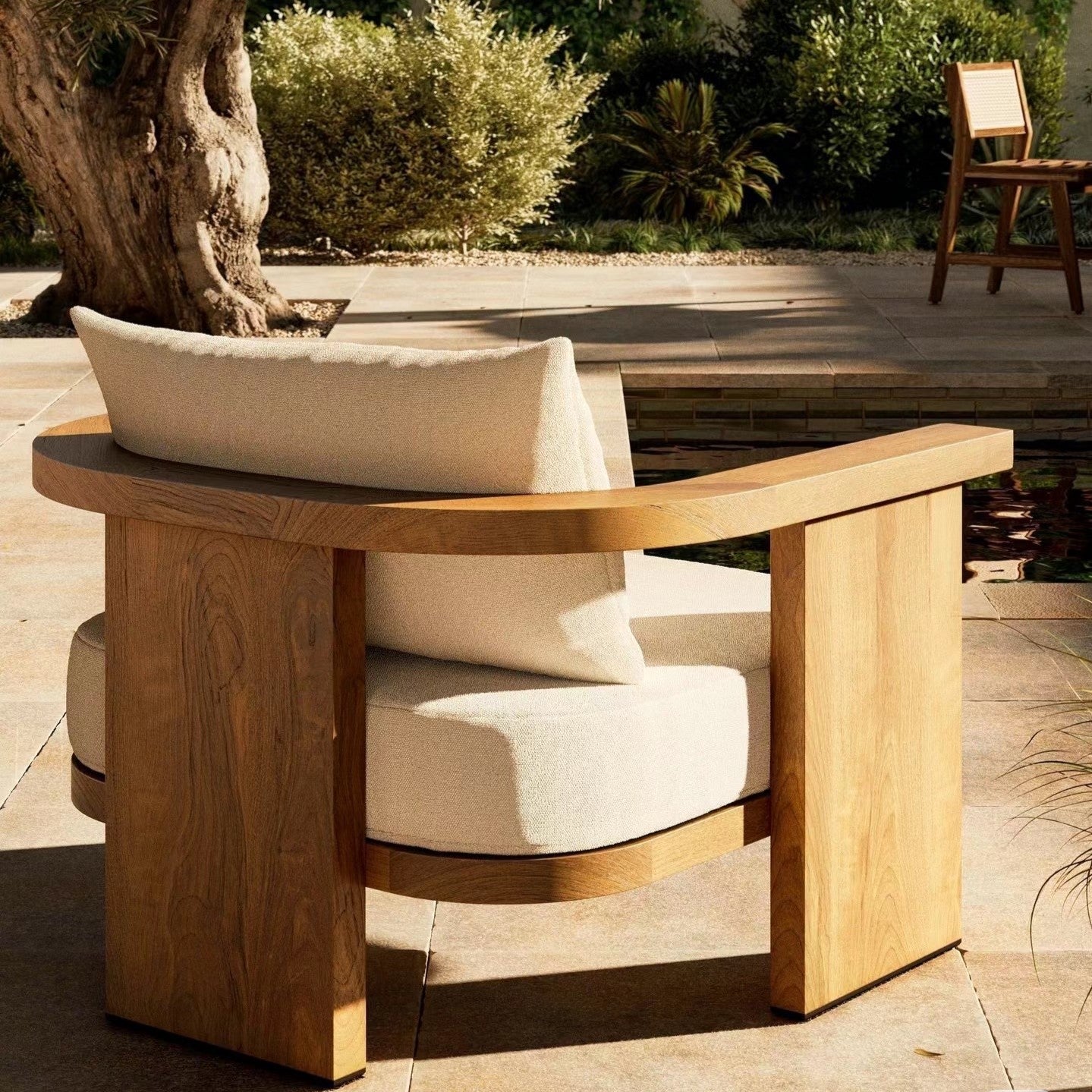 Natural Comfort: Wooden Outdoor Chair with Beige Cushion